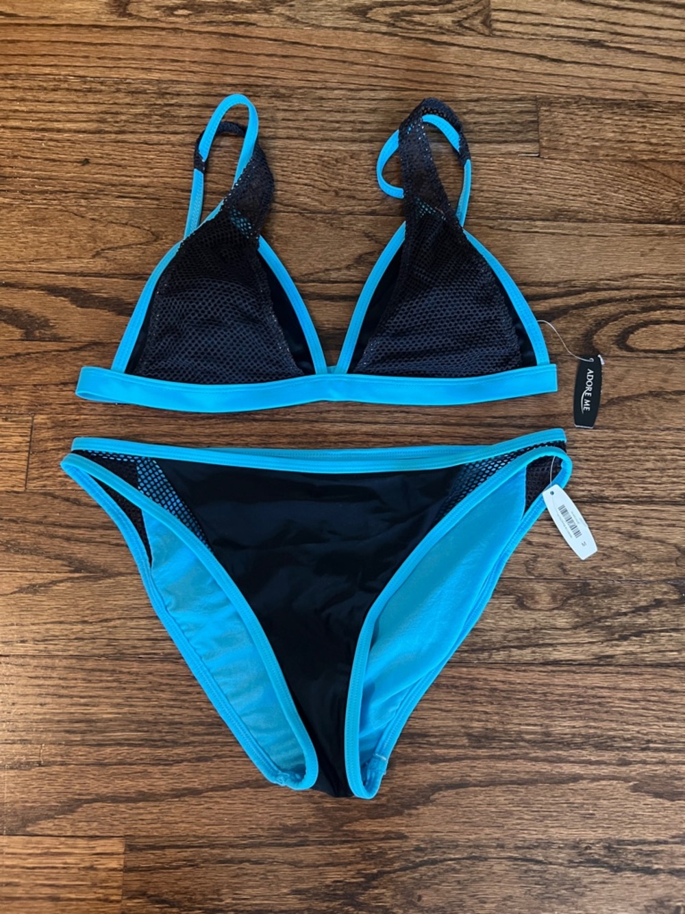 Adore Me Black & Bright Blue Mesh-Trim Triangle Bikini
